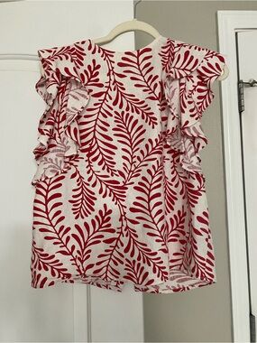 Who What Wear White and Red Ruffled Sleeveless Top